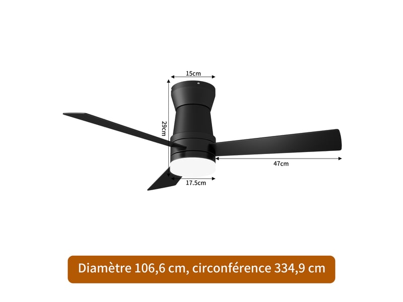 Ventilateur de plafond avec led - 42 pouces - 3 pales en contreplaqué, silencieux - style moderne - noir - Conforama E