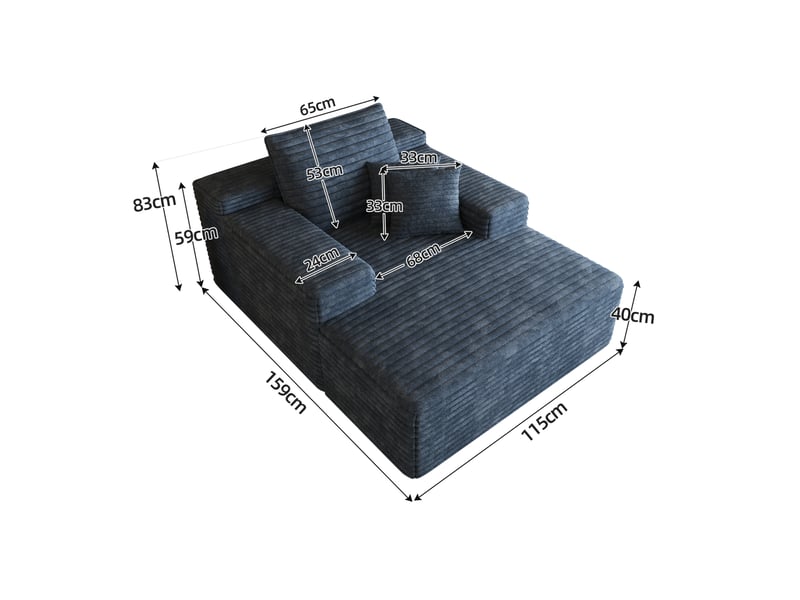  Canapé méridienne modenvie modulable 1 place 115 x 159 x 60 cm en velours côtelé bleu avec mousse haute élasticité  - Conforama C