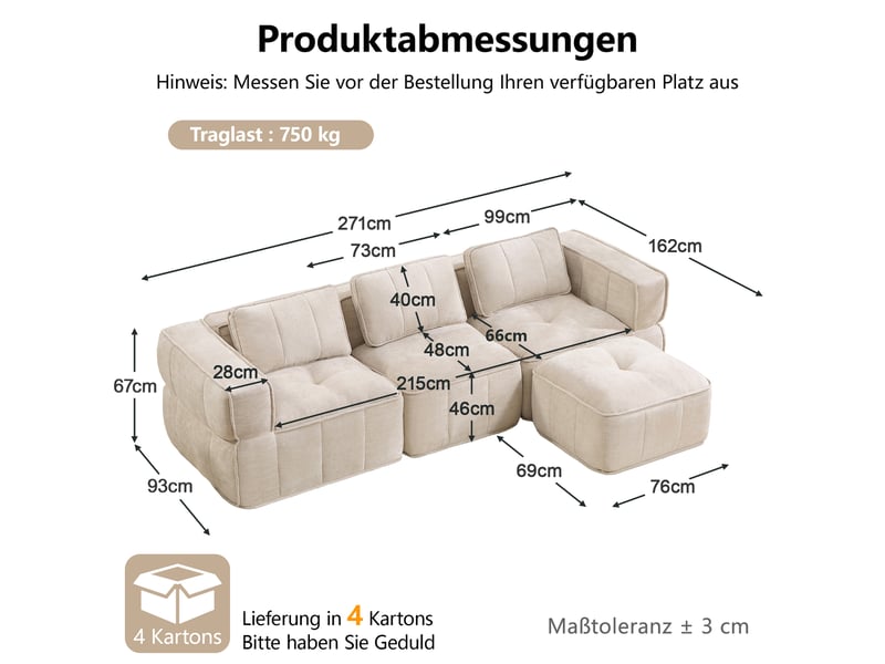 Canapé d’angle modulable 3 places en polyester beige – 271 x 162 x 67 cm Fay Lum - Conforama C