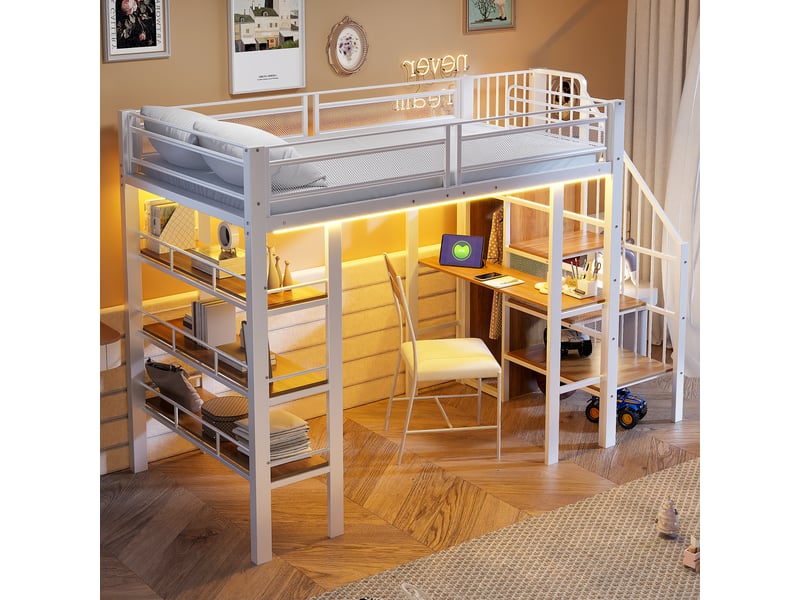 Lit mezzanine enfant 90x200 cm blanc en métal, bureau, led, prises, étagères et penderie Fay Lum - Conforama B