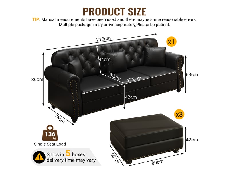  Canapé moderne - canapé chesterfield trois places de 210 cm avec trois poufs amovibles, revêtement en similicuir, noir  - Conforama D