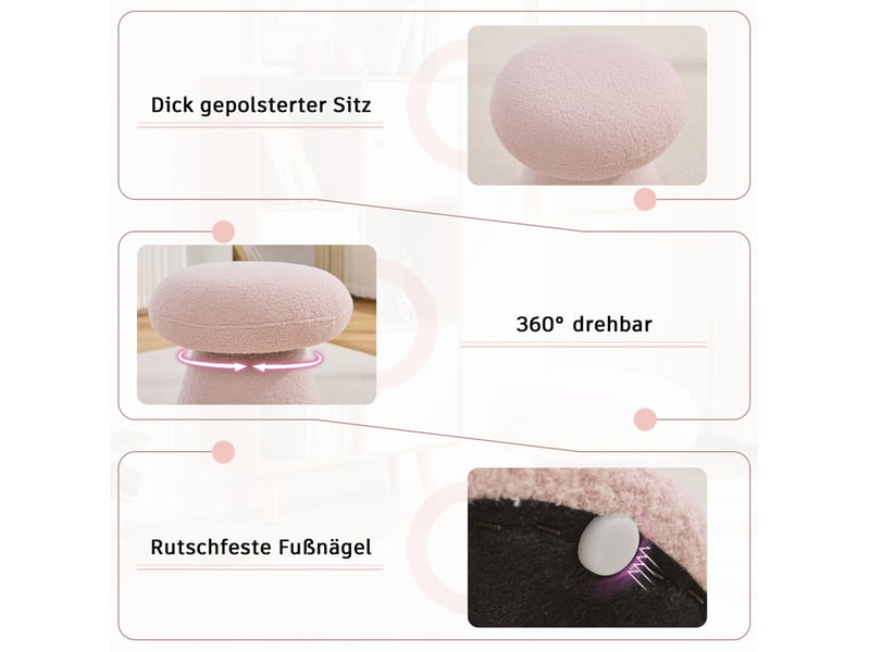  Pouf repose-pieds pivotant 360° forme champignon 41x41x44 cm tissu teddy rose  - Conforama D