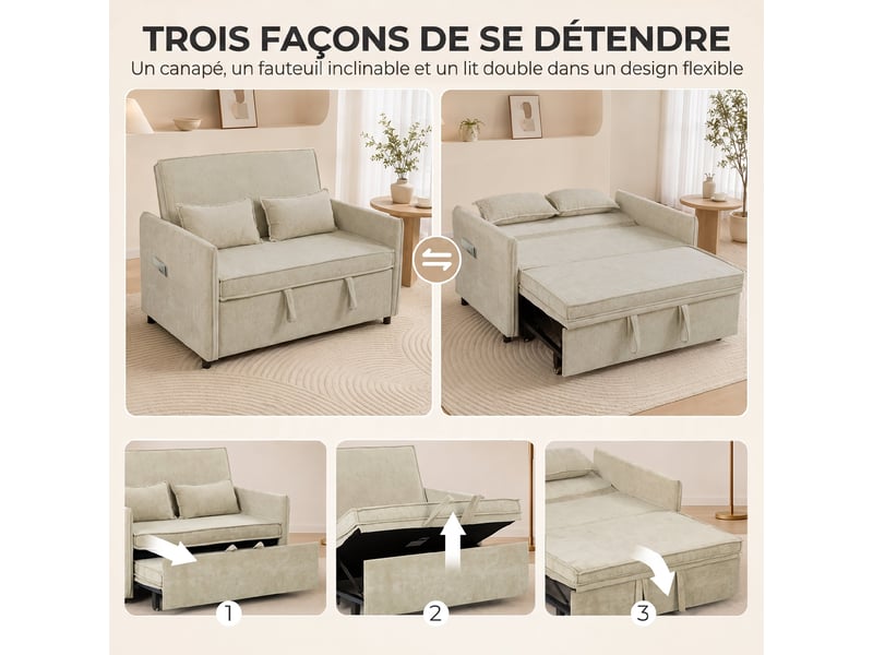  Canapé convertible 2 places, canapé-lit 3 en 1 chenille 125 cm avec dossier réglable, 2 oreillers, assise large, crème  - Conforama A