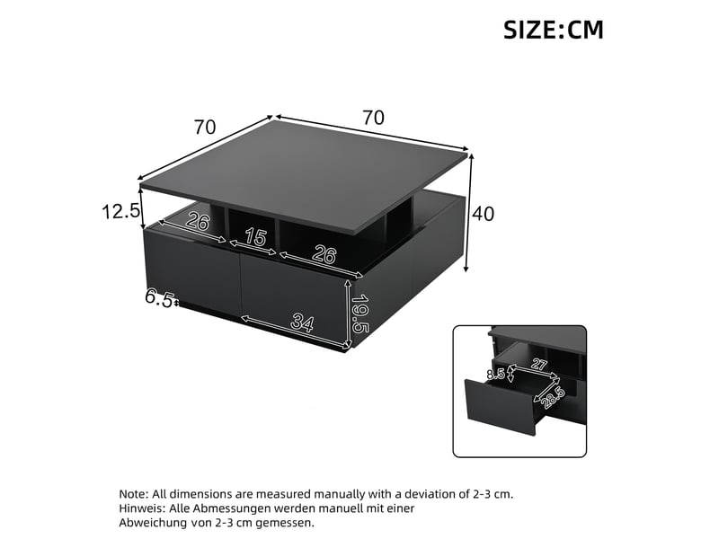 Table basse de salon 70 x 70 x 40 cm, finition laquée brillante, avec éclairage led intégré, console à 4 tiroirs, table d'appoint au design géométrique, noire, charge maximale 30 kg  - Conforama C