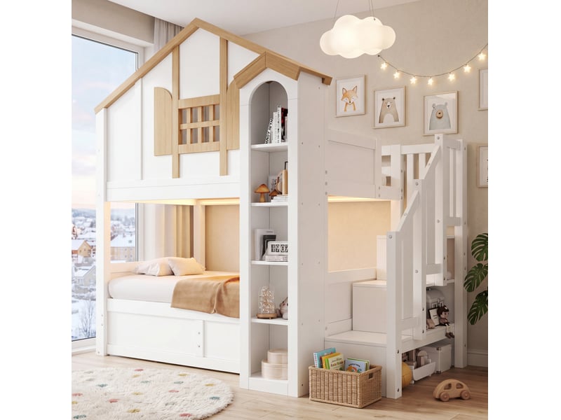  Lit superposé enfant 90x200 cm avec rangement hydraulique et led, blanc et bois  - Conforama E