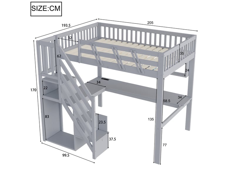  Lit mezzanine 140x200 cm avec bureau, escalier de rangement et led coloris gris  - Conforama C