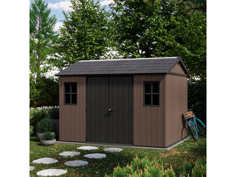  Newton+ 75111175 - abri jardin 350x246x230 cm, 2 portes, résine marronnoire evotech+  - Conforama D