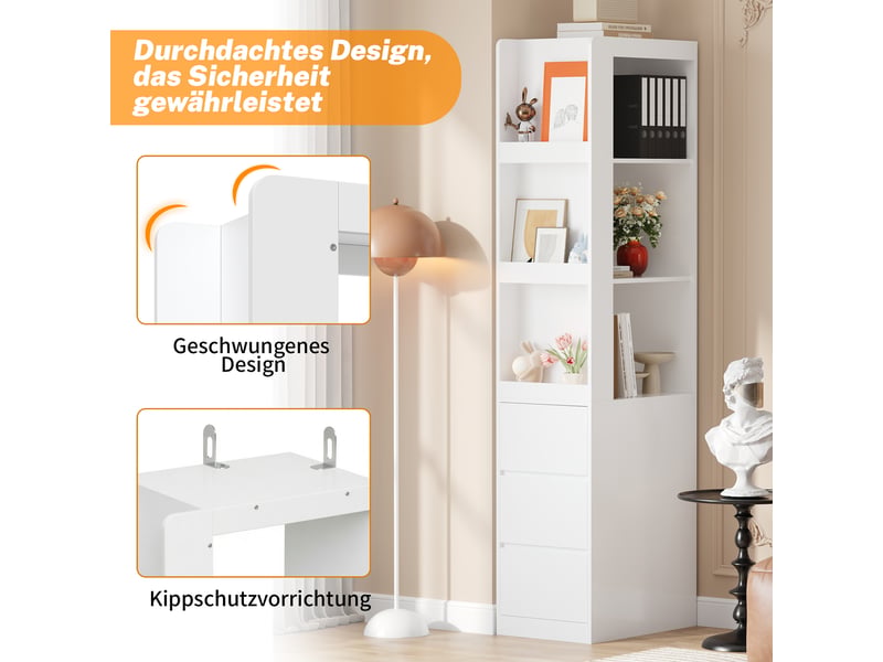  Bibliothèque vitrine étroite 60x40x200cm avec 3 niches ouvertes et 3 tiroirs, meuble de rangement haut réversible, anti-basculement, blanc OPULERANE TRADING LTD - Conforama E