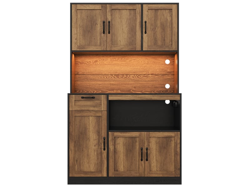  Buffet de cuisine haut 110x40x180 cm, meuble rangement 6 portes 1 tiroir, mdf naturel et noir  - Conforama E