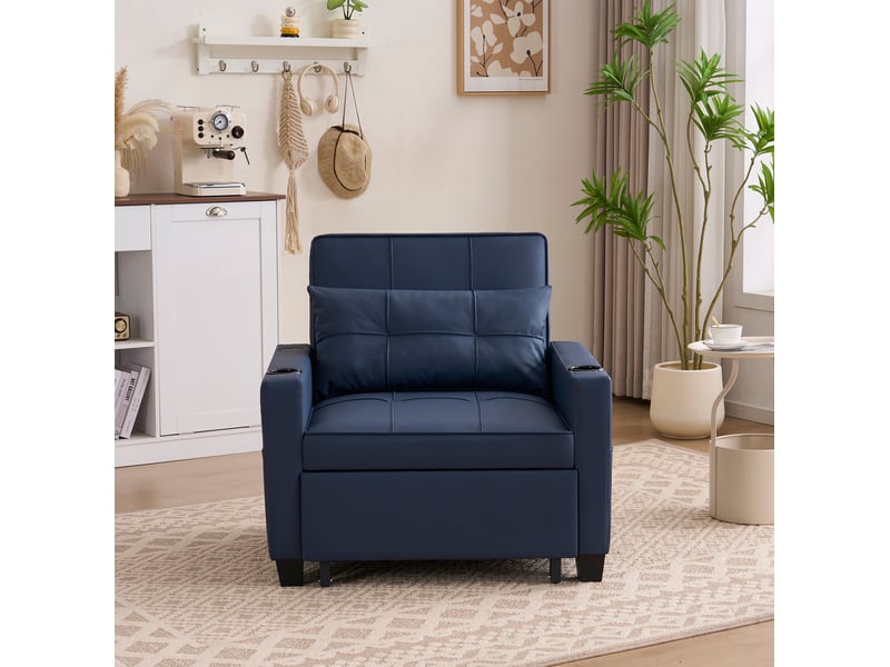  Canapé convertible 1 place avec dossier réglable, poche latérale et structure en bois et métal, bleu  - Conforama B