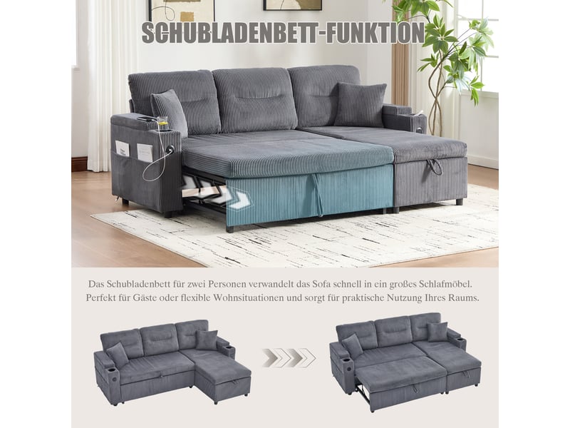  Canapé 3 places, canapé de salon – en velours tricoté, avec méridienne, avec rangement, porte-gobelets, port usb  - Conforama D