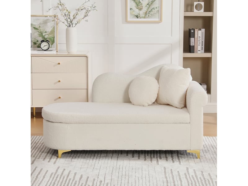  Méridienne avec coffre de rangement, dossier ondulé et coussins lombaire et cervical, tissu effet mouton beige blanc  - Conforama C