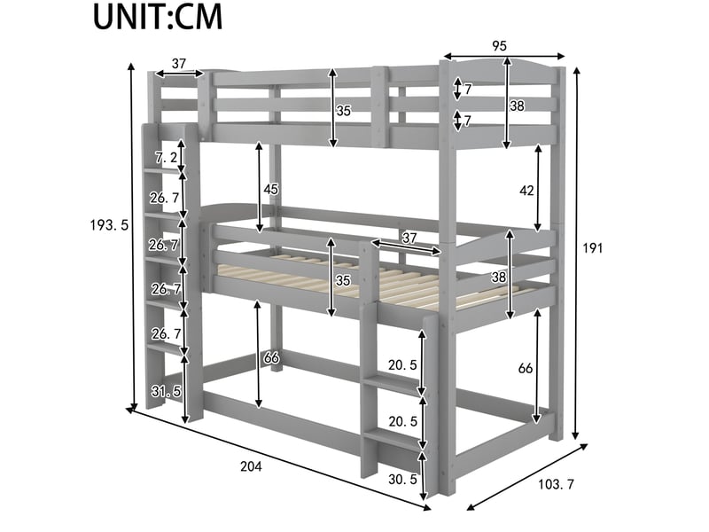  Lit superposé triple, 90x200 cm, configuration superposée, pour enfants, matelas non inclus, bois et mdf, coloris gris  - Conforama C