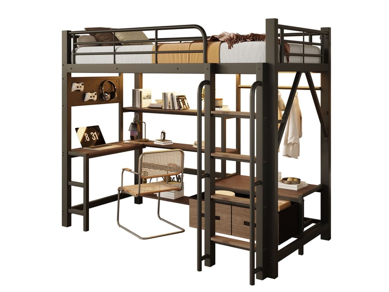  Lit enfant 90 x 200 cm bureau intégré lit simple cadre en fer panneau perforé plusieurs étagères tiroirs en tissu prise usb barrière de sécurité  - Conforama A