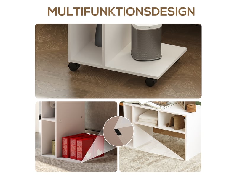  Table d’appoint en c mobile avec 3 niches et roulettes freinées - lpospi - pour canapé et lit, panneau mélaminé blanc  - Conforama E