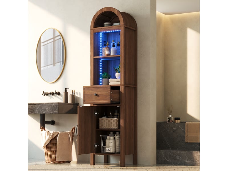  Colonne de salle de bain 163x40x30 cm, finition noyer en panneaux mdf, éclairage led rgb avec app, plateau arqué, porte réversible et tiroir à fermeture magnétique  - Conforama B