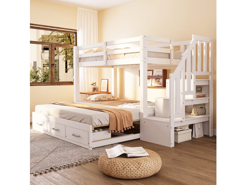  Lit superposé 90 x 200 cm avec lit gigogne 180 x 190 cm, escalier de rangement, 3 tiroirs, bois, blanc sans matelas  - Conforama E