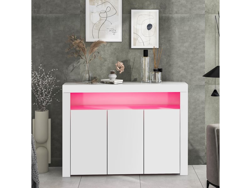 Buffet blanc laqué brillant meuble de rangement 3 portes led 130cm - Conforama R