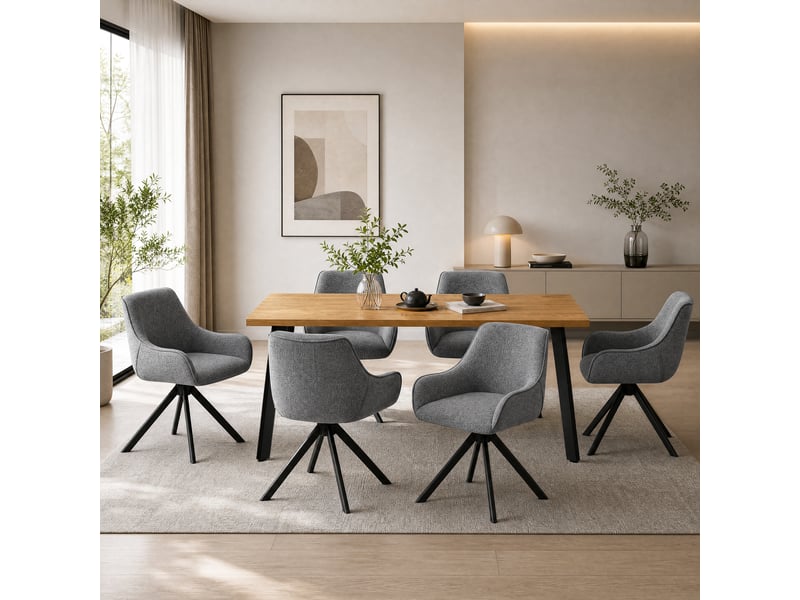 Ensemble table et 6 chaises - table rectangulaire 160x80 cm monobloc en chêne sauvage et pieds métal, 6 chaises en tissu gris pigeon et pieds métal  - Conforama B