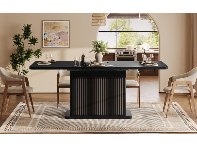  Table à manger extensible 120-160 cm avec rangement caché en mdf, noir mat  - Conforama E