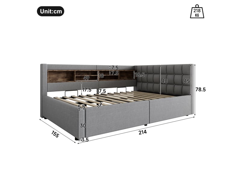 Lit de jour, canapé-lit, 140 x 200 cm, sans matelas, suspension hydraulique, avec bande led à intensité variable, étagère pratique et port usb, gris  - Conforama C