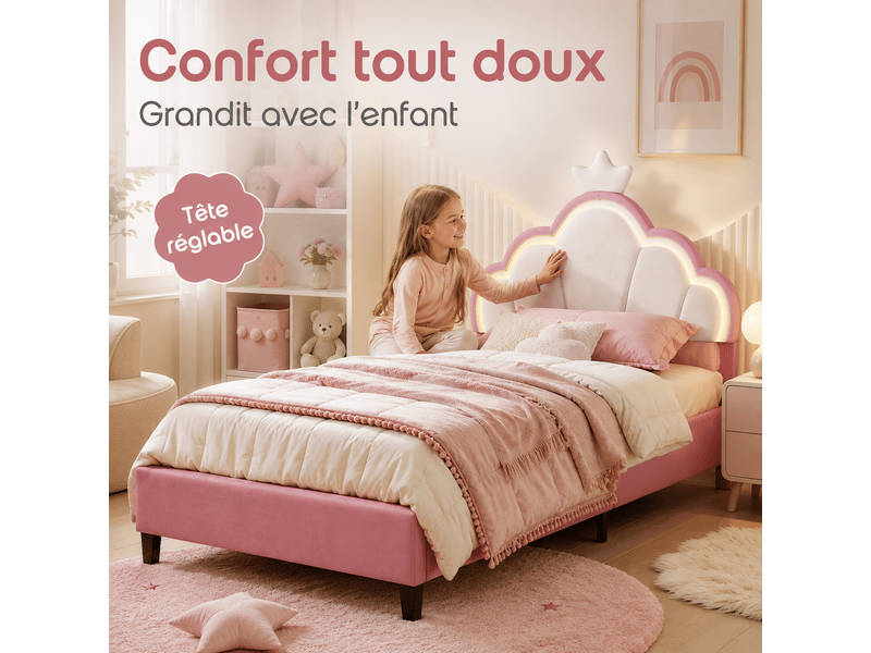 Lit capitonné 90 x 190 cm, lit enfant avec sommiers à lattes et dossier,cadre de lit pour fille, lit enfant 90x190 cm, lumière led, lit fille avec tête de lit réglable en hauteur, décor couronne, lit rembourré enfant, 1 person… - Conforama C