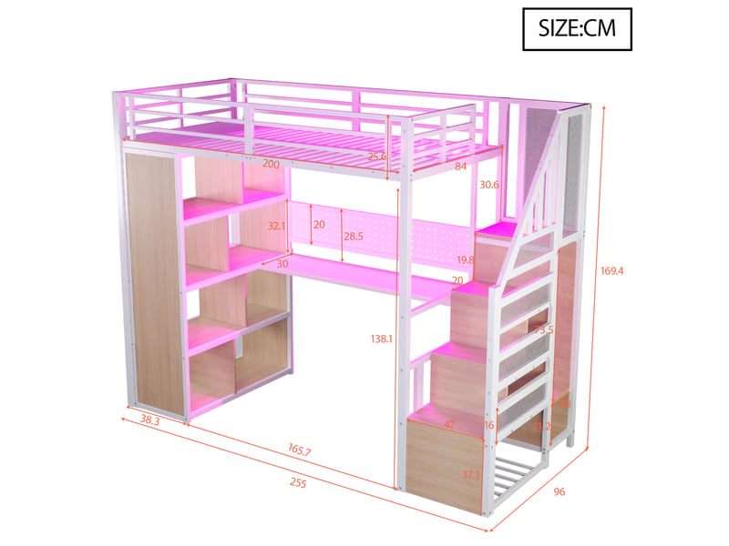 Lit mezzanine 90x200 cm lit enfant avec bureau, rangements, led, prises, lit métal blanc, sans matelas  - Conforama C
