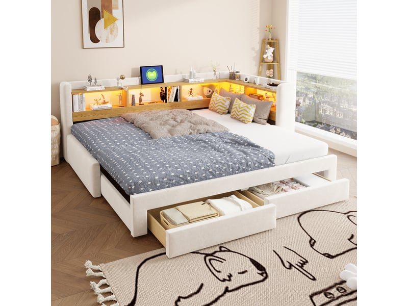  Lit gigogne enfant 90x200 cm avec lit tiroir extensible 180x200 cm, rangement, led et prise, lit banquette multifonction en velours - beige  - Conforama B