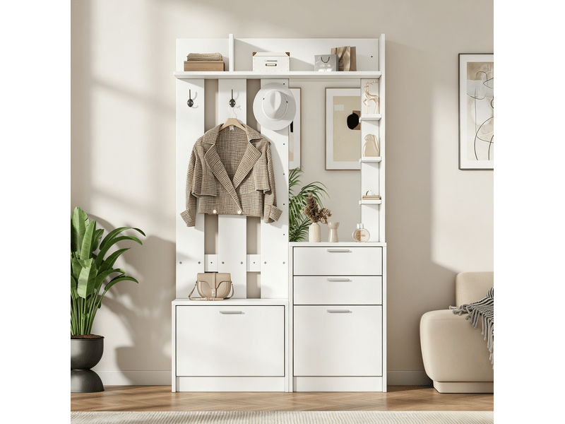  Meuble d'entrée avec miroir, 2 tiroirs, 2 range-chaussures basculants et 3 crochets, blanc, 110 × 34 × 185 cm  - Conforama B