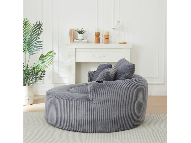  Fauteuil pouf rond 1 place avec porte-gobelets, poches latérales et 3 coussins amovibles en velours côtelé gris  - Conforama D