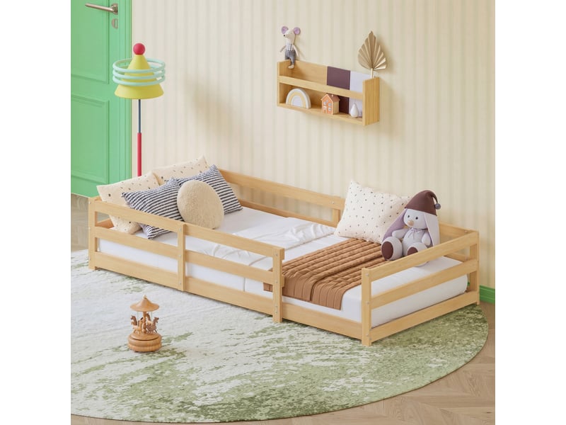  Lit montessori enfant 90x200 cm avec barrières sur 4 côtés, cadre au sol et sommier à lattes, bois massif, naturel  - Conforama E