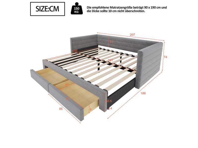  Canapé-lit convertible 3-en-1 90/180x190 cm avec 2 tiroirs, tissu coton-lin gris, sans matelas  - Conforama C