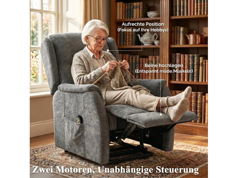  Fauteuil relax électrique avec aide au lever, double moteur, télécommande et poches latérales en chenille gris foncé  - Conforama D