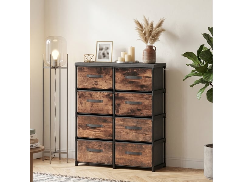 Commode 8 tiroirs en tissu marron rustique, cadre métal noir, style industriel pour chambre et salon - Conforama D
