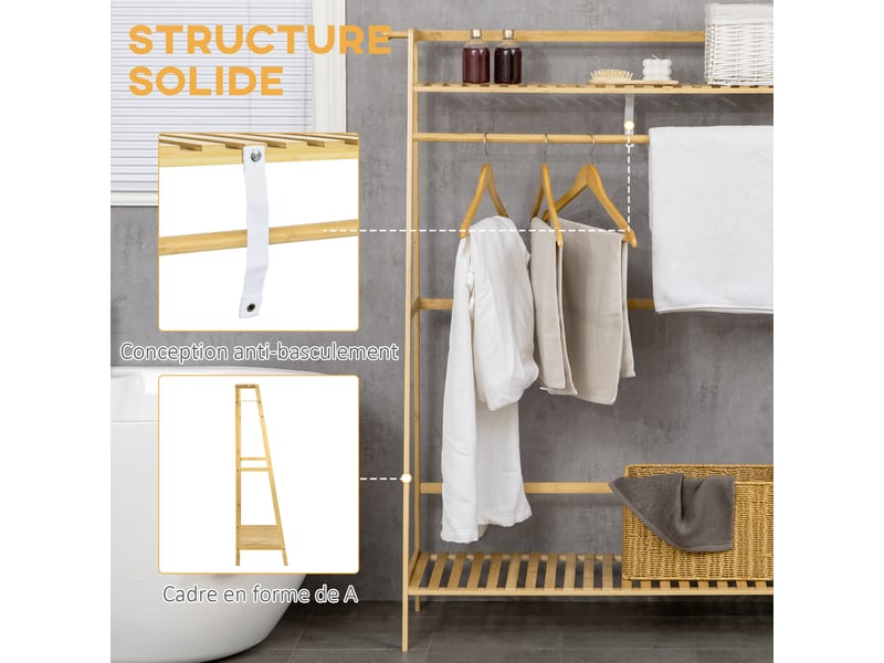  Portant à vêtements porte-manteau penderie avec 2 étagères 2 crochets et 1 barre de suspension en bambou  - Conforama W