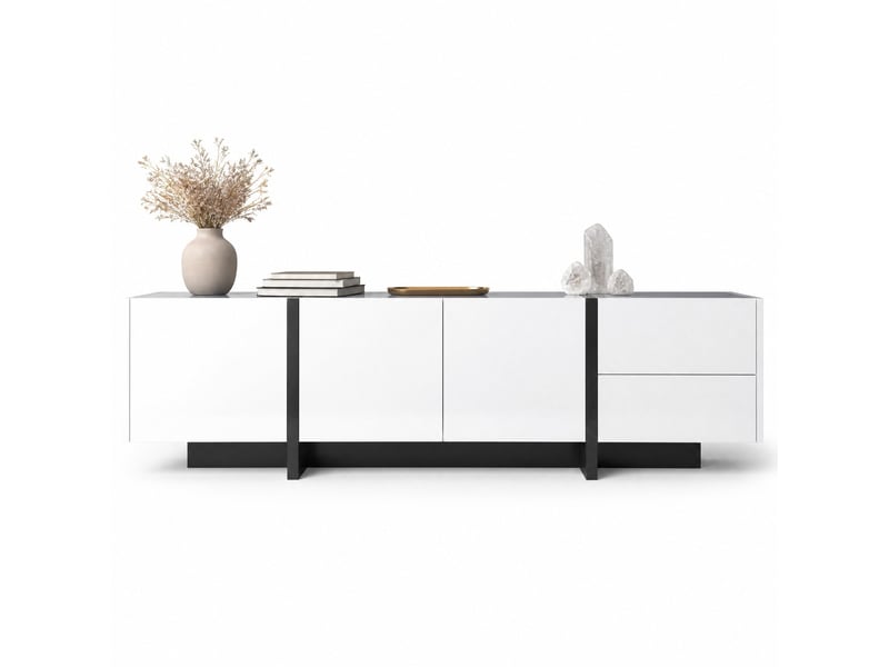  Meuble tv avec 3 portes et 2 tiroirs pour salon en panneaux de particules 190×35×45 cm blanc et noir  - Conforama A