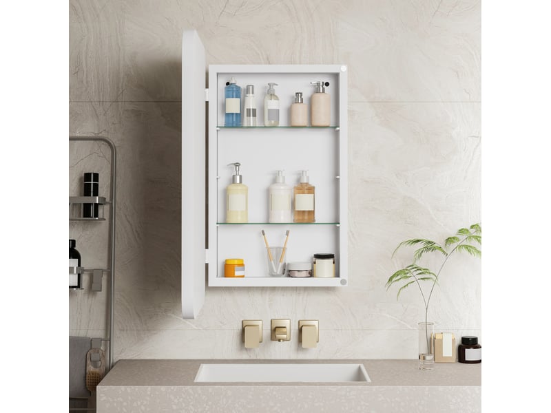  Meuble miroir avec 2 étagères réglables, pose murale ou encastrée pour salle de bain, blanc, 86 × 61 × 18 cm  - Conforama C
