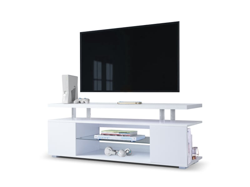  Meuble tv blanc 60 pouces – centre multimédia led gamer, console de rangement avec grand cabinet latéral pour salon  - Conforama A