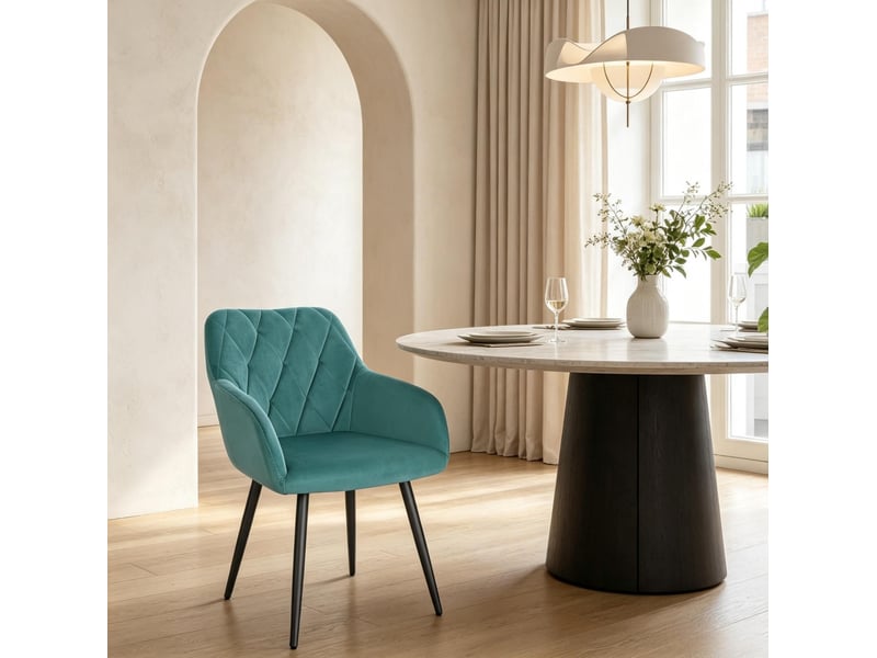 Chaise de salle à manger avec accoudoirs en velours bleu canard et pieds en métal - Conforama B