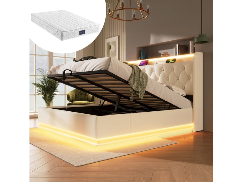  Lit coffre 160x200 cm avec led 360°, usb type c, pu blanc sans matelas  - Conforama B