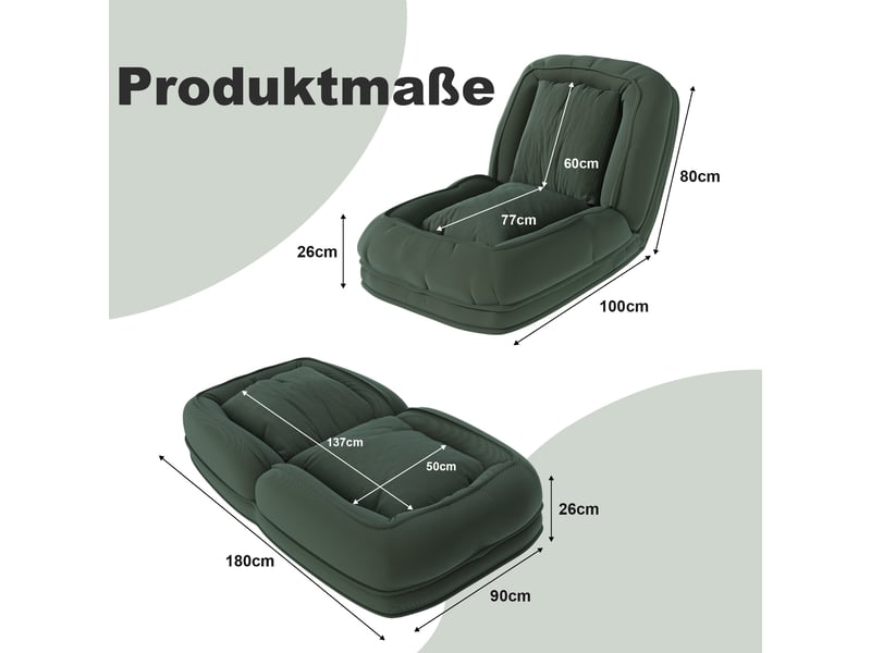  Chauffeuse convertible 1 place – dossier réglable – 2 coussins – couchage 180 x 90 cm – vert  - Conforama C