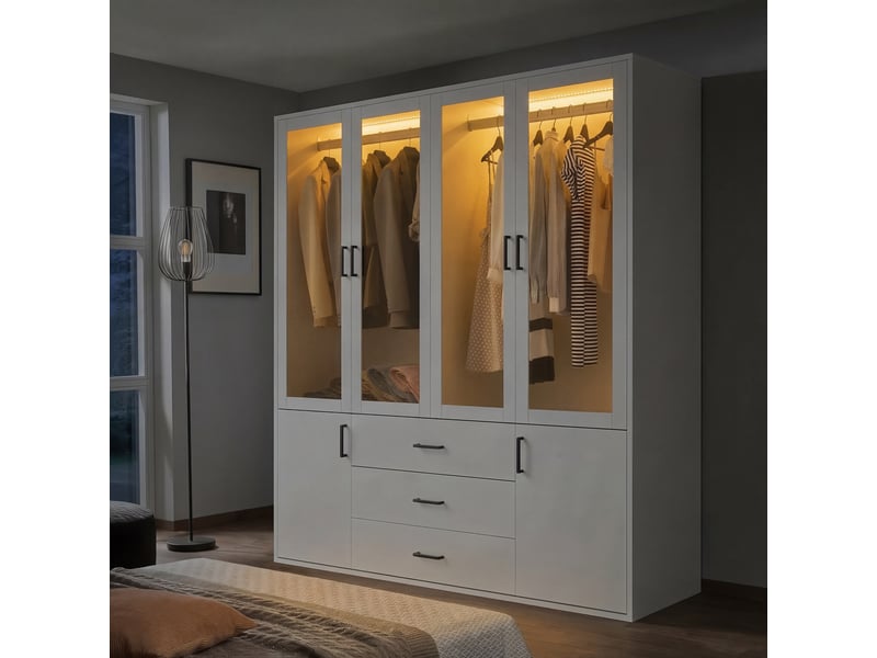  Armoire de chambre led - 160x51,8x182cm - meuble de rangement avec 4 portes vitrées avec led et 3 tiroirs - blanc  - Conforama C