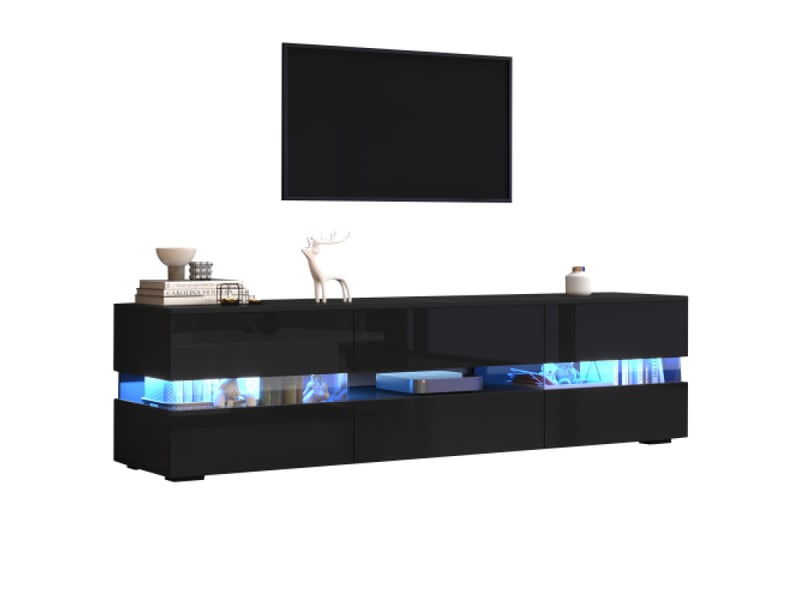  Meuble de tv 160cm haute brillance dimensions 160x39x45 cm, rangement avec 2 portes et 1 tiroir, niche ouverte + éclairage led  - Conforama A