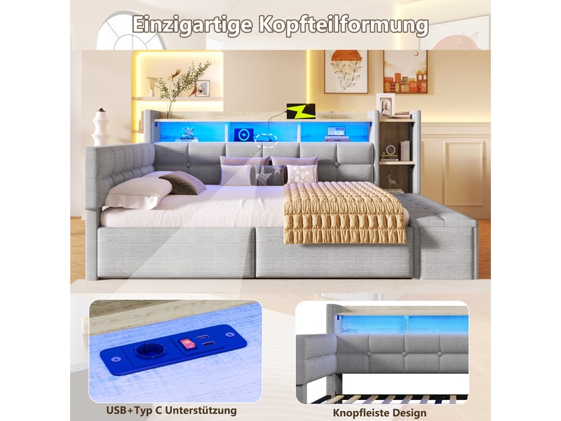  Lit de jour canapé-lit, 140 × 190 cm, gris, velours, 2 tiroirs, banquette coffre, rangements, led, usb + type-c, sans matelas  - Conforama E