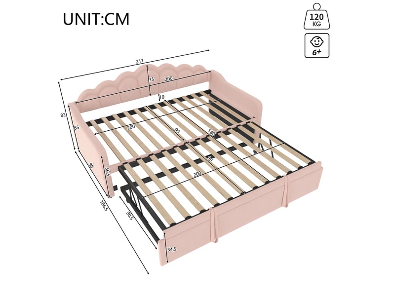  Lit de jour extensible 90x200 à 180x200 cm canapé-lit en velours rose avec bande led  - Conforama C