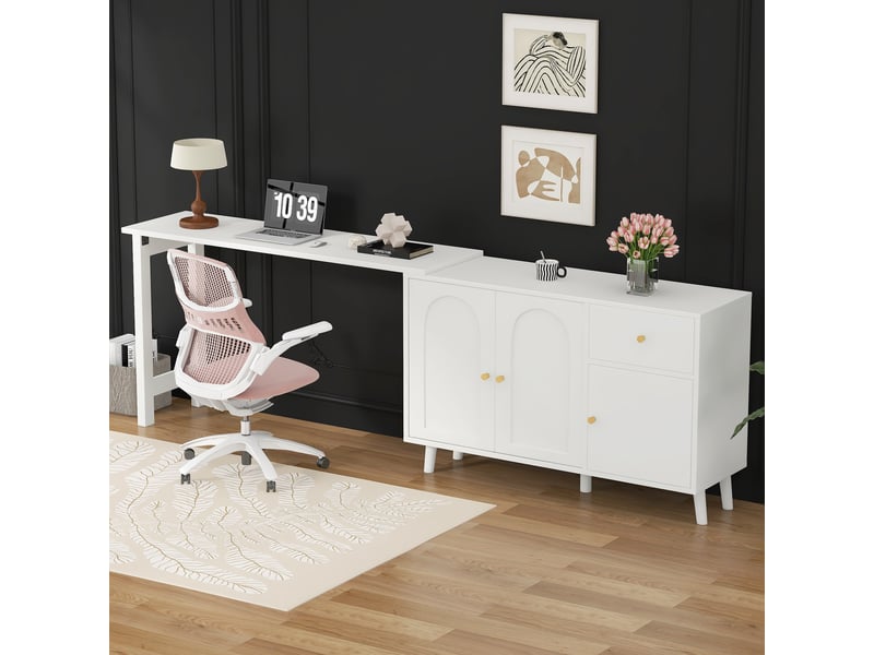  Bureau d'angle pivotant 360°, bureau et buffet 2 en 1 avec 3 portes et 1 tiroir. Bureau informatique blanc élégant pour salon et chambre.  - Conforama D