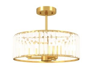 Plafonnier, lustre design, abat-jour en cristal, 3 ampoules, métal, couleur or