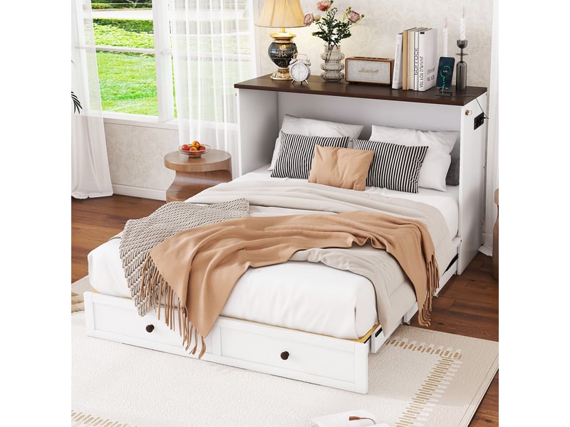  Lit adulte 140x200cm,lit escamotable,lit armoire convertible mobile avec 1 tiroir,étagère et prise usb,blanc lit adulte blanc - Conforama B