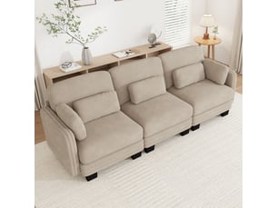 Canapé modulable - 3 places - coussins d'accoudoirs - tissu chenille - mobilier de salon - configuration flexible - brun clair
