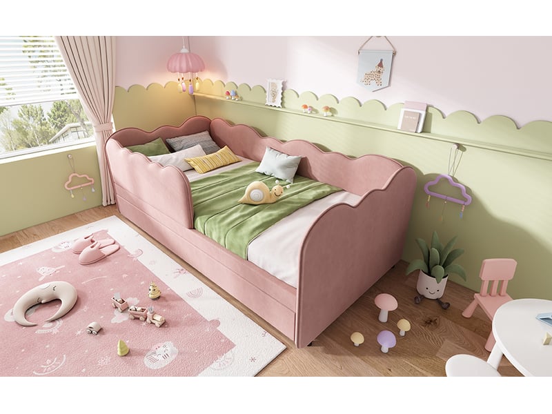  Lit gigogne 90x190 cm rose velours avec sommier à lattes et lit d'appoint evarich - Conforama B